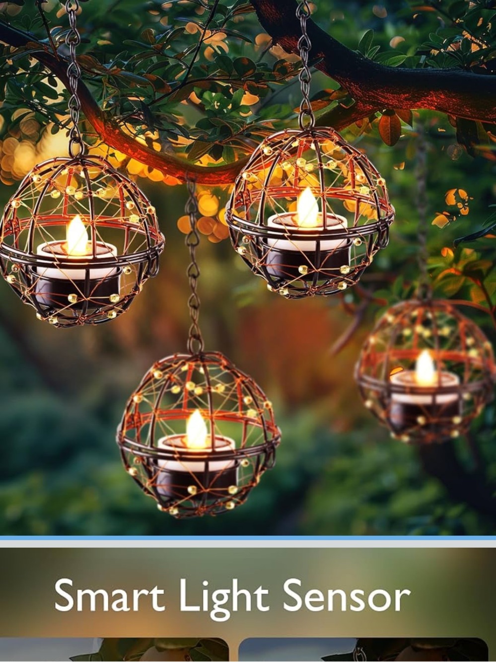 Solar Tea Lights Outdoor Waterproof Hanging Lanterns, Beaded Copper Wire Ball
